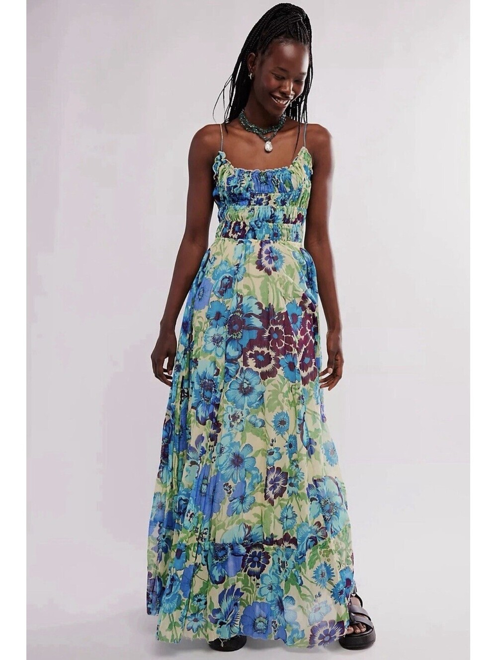 Free People FP One Ciella Printed Maxi Dress Floral Smocked Sleeveless Fitted S